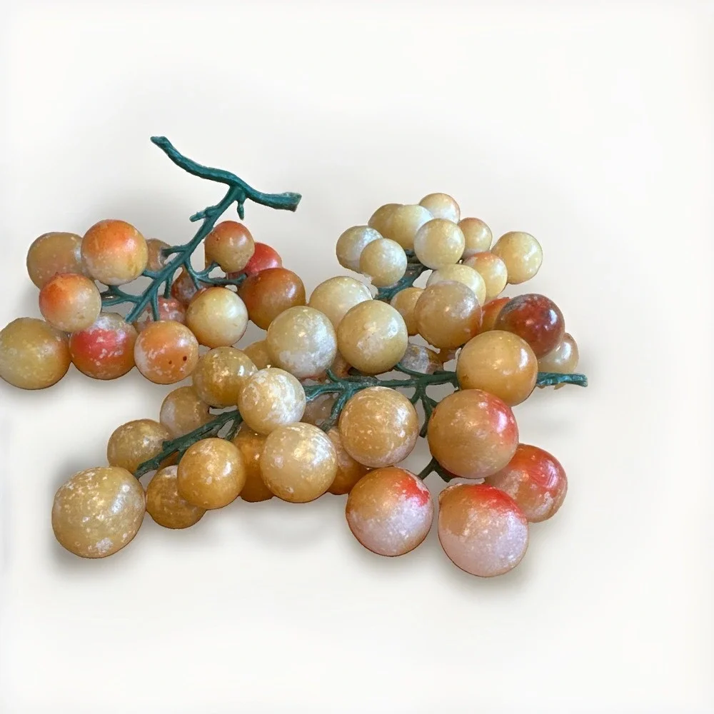 Vintage Alabaster Stone Fruit Grapes 3 Cluster Orange Yellow Plastic Stem *READ